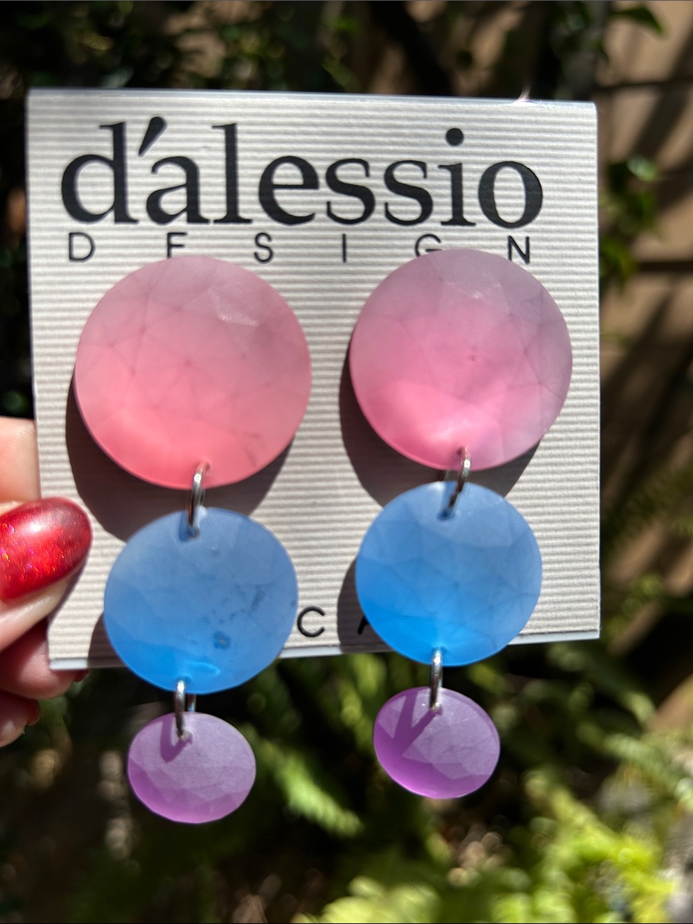 ‘80s Pink Blue Purple Triple Disc Drop Clip On Earrings
